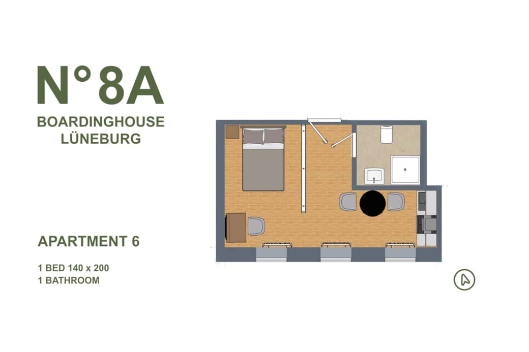 Großzügiger Grundriss mit eigenem Bad und Küche im N°8A Boardinghouse Lüneburg 