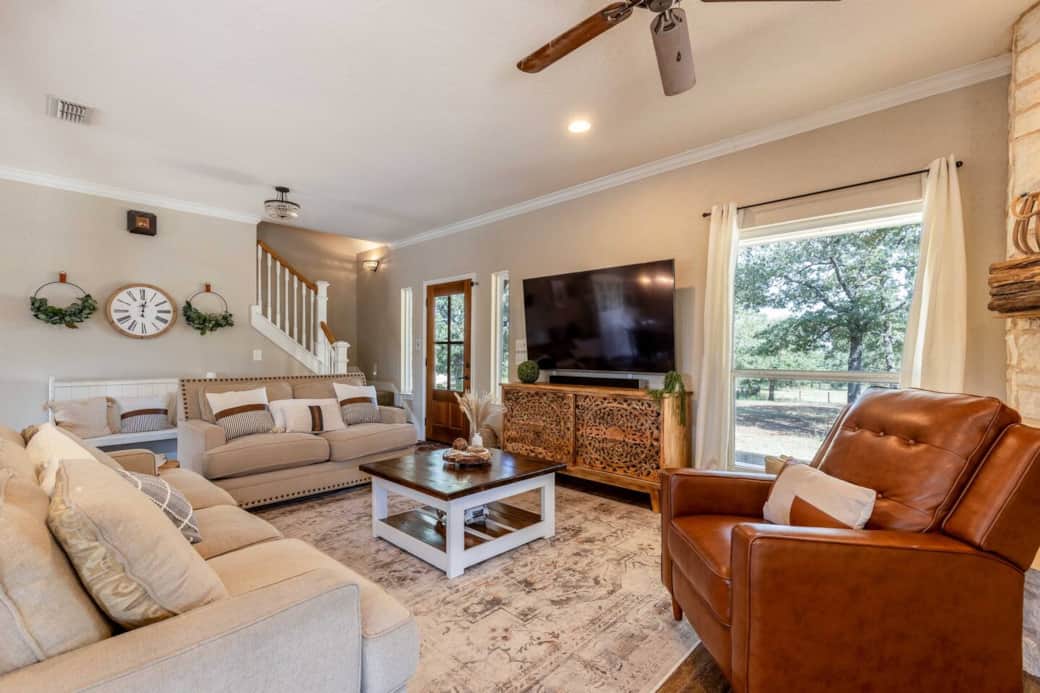 This is the large living area in the main house, White Oak Gathering.  There is a murphy cabinet queen bed in this living room as an extra sleeping option.