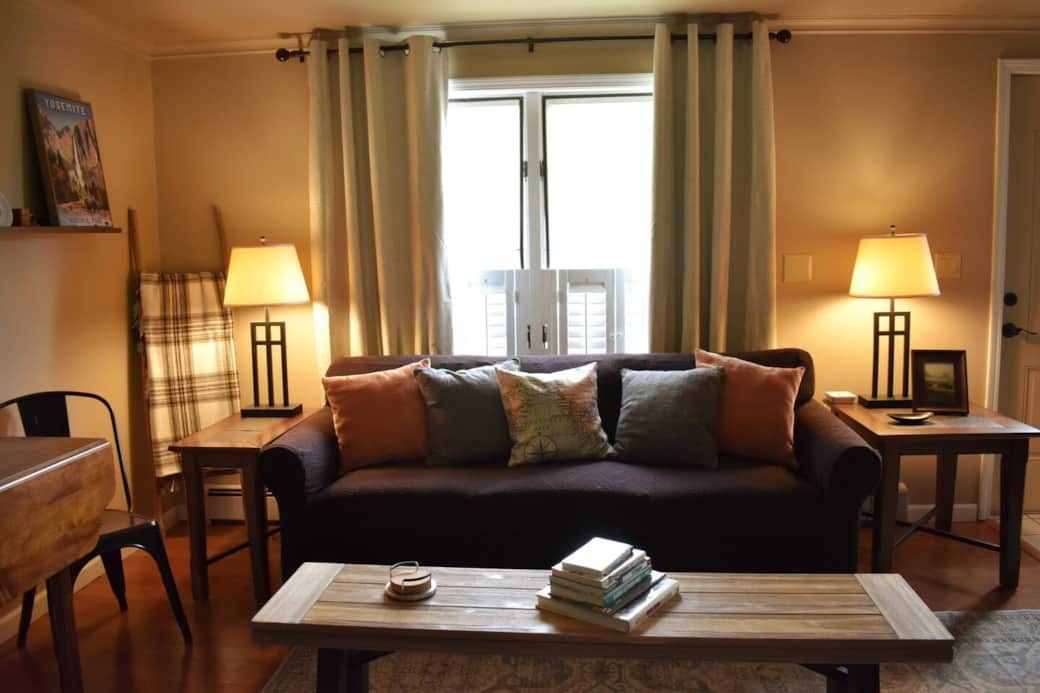 Comfortable living room with Fire TV and dinning area