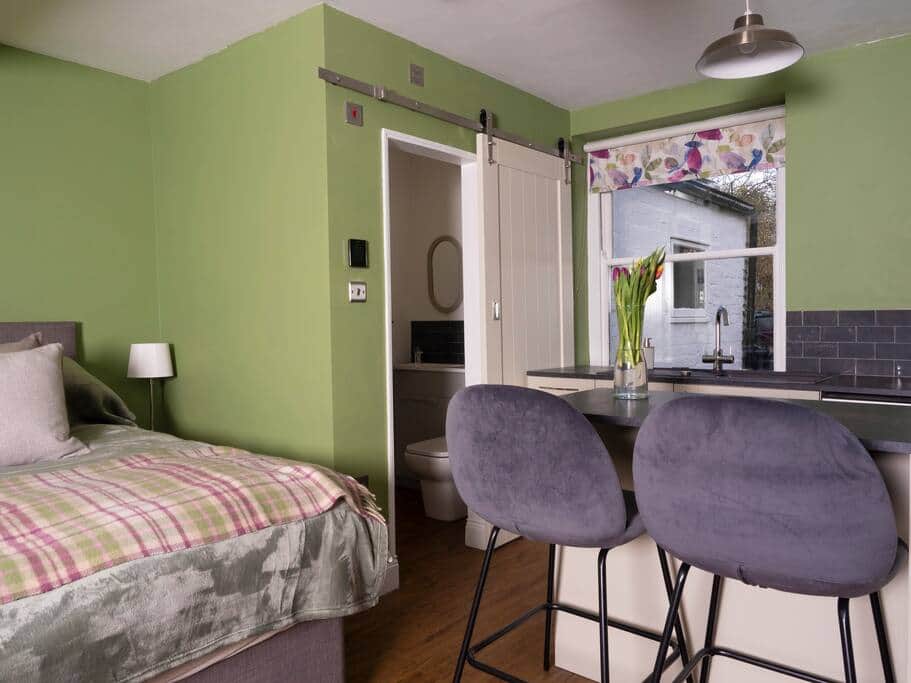 Barstools and bathroom