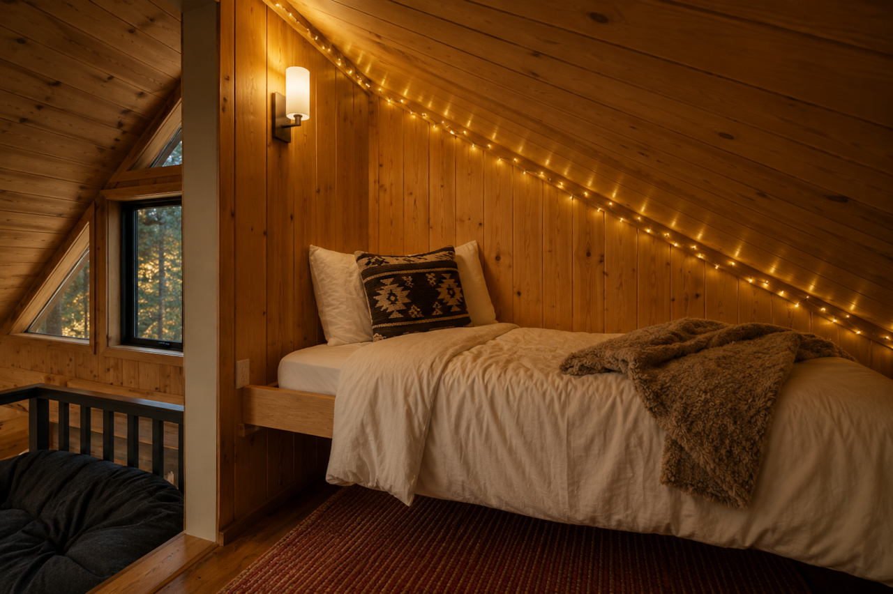 Loft bed with cozy lighting inside forest cabin