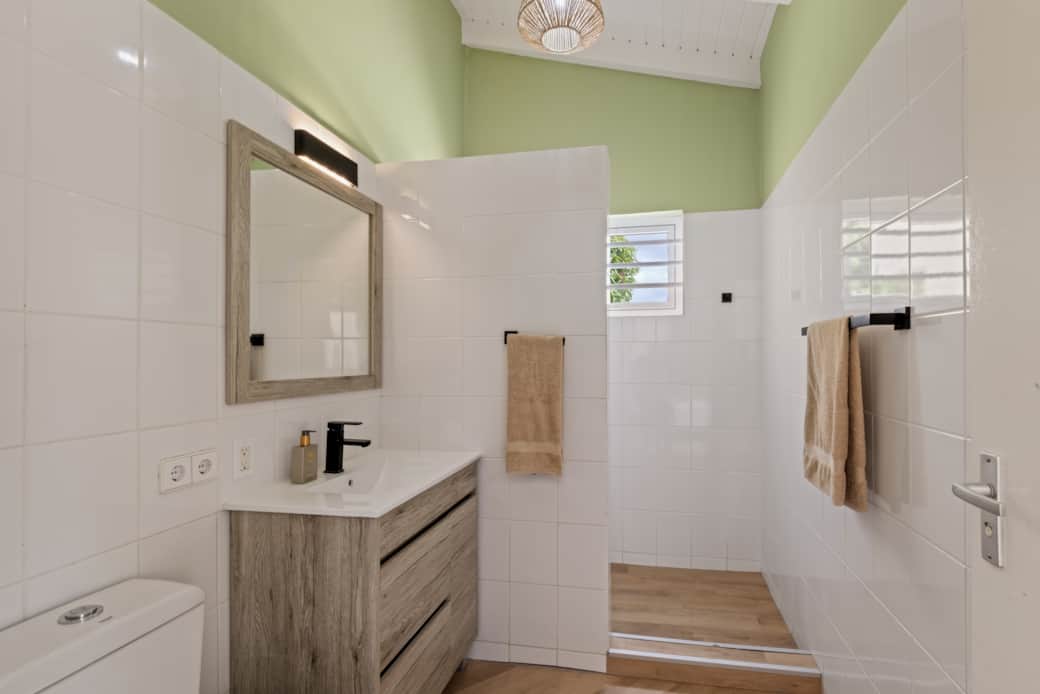 Ensuite badkamer behorend bij master bedroom 2, voorzien van wastafel, douche en toilet Ensuite badkamer behorend bij master bedroom 2, voorzien van wastafel, douche en toilet