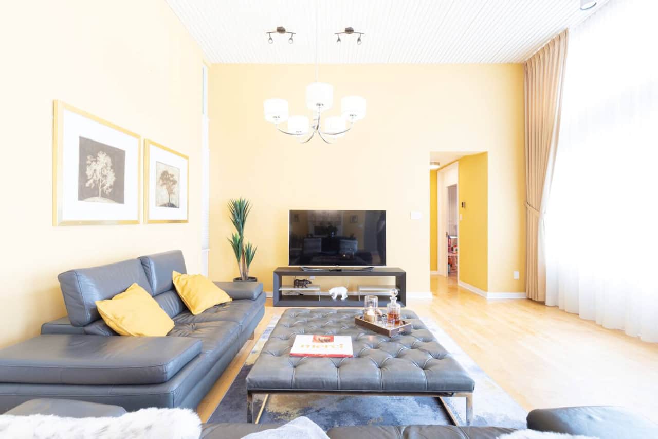 Living room with 14 feet high ceilings