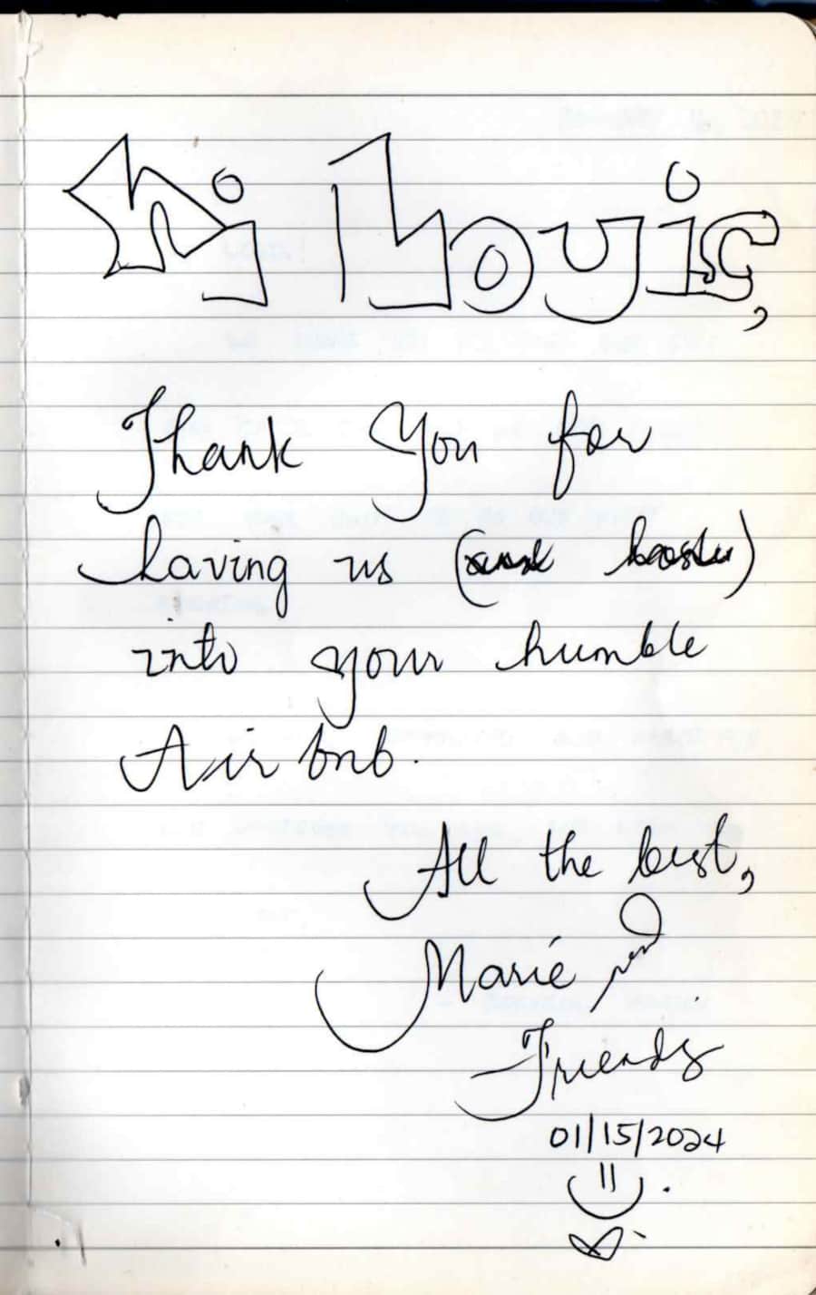 Handwritten guest note from Raya P09 guest book