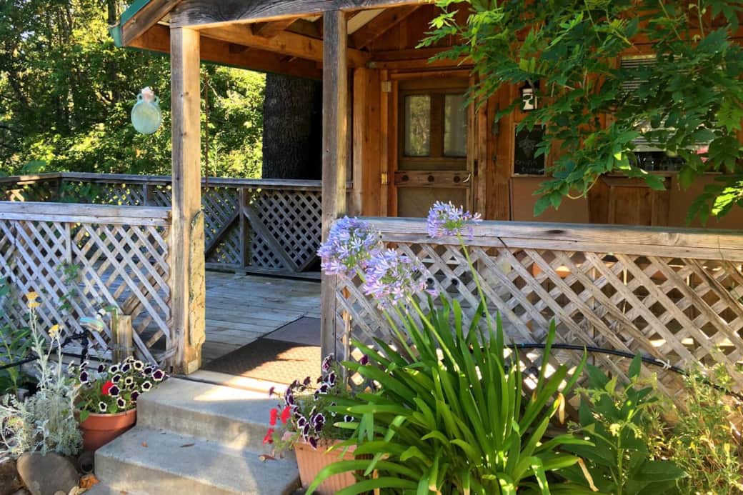 The front patio with sitting area on the right