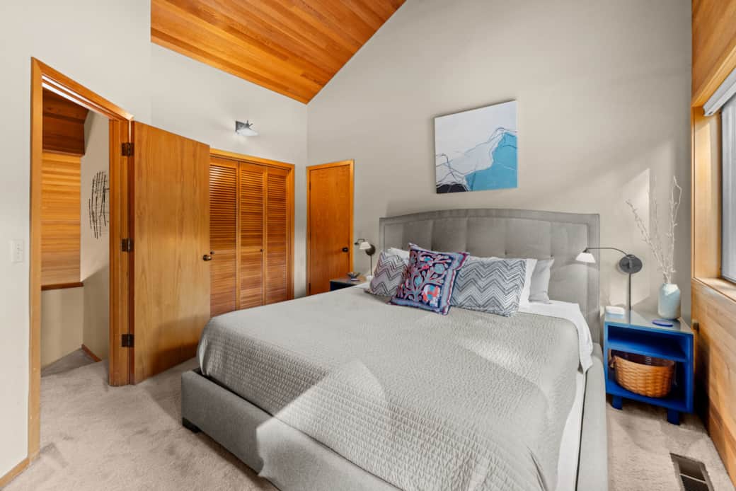 Upstairs 2nd King Bedroom with Vaulted Ceiling and Door to Bath