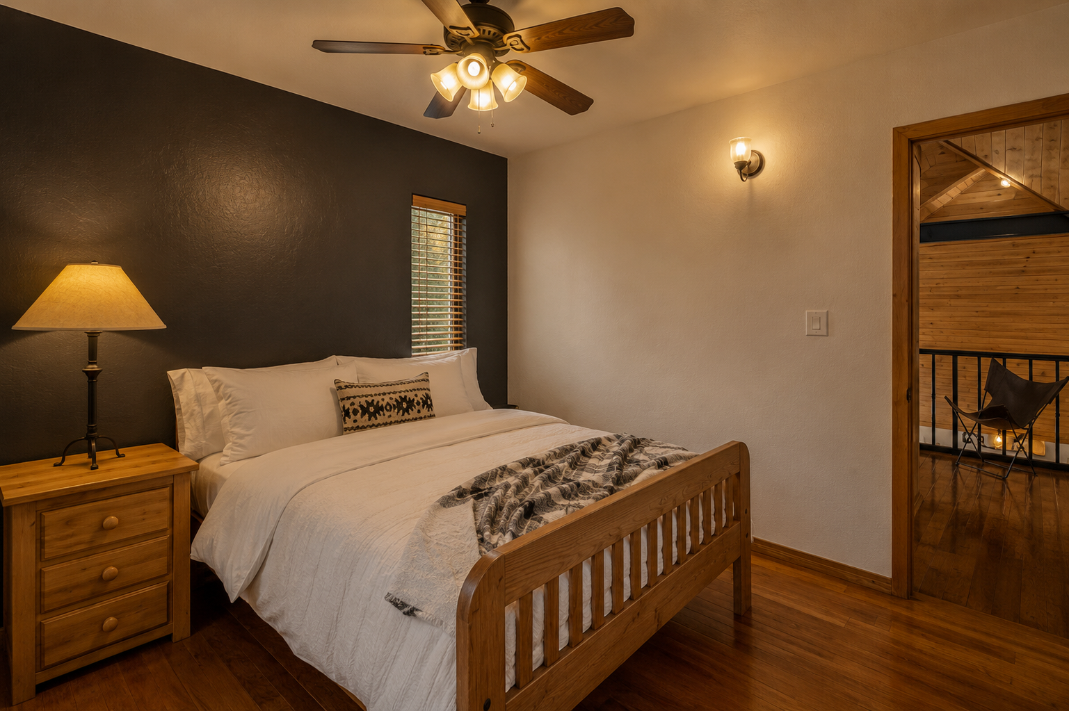Guest bedroom inside forest cabin in Munds Park Arizona