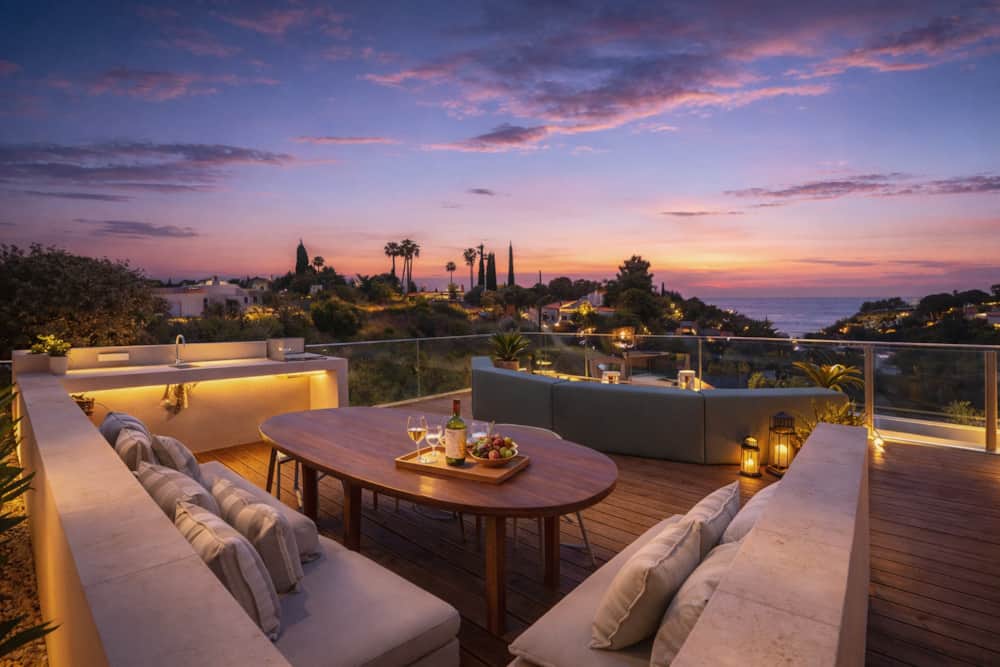 Rooftop lounge of Villa Medusa Paraiso at dusk, with the sea on the horizon