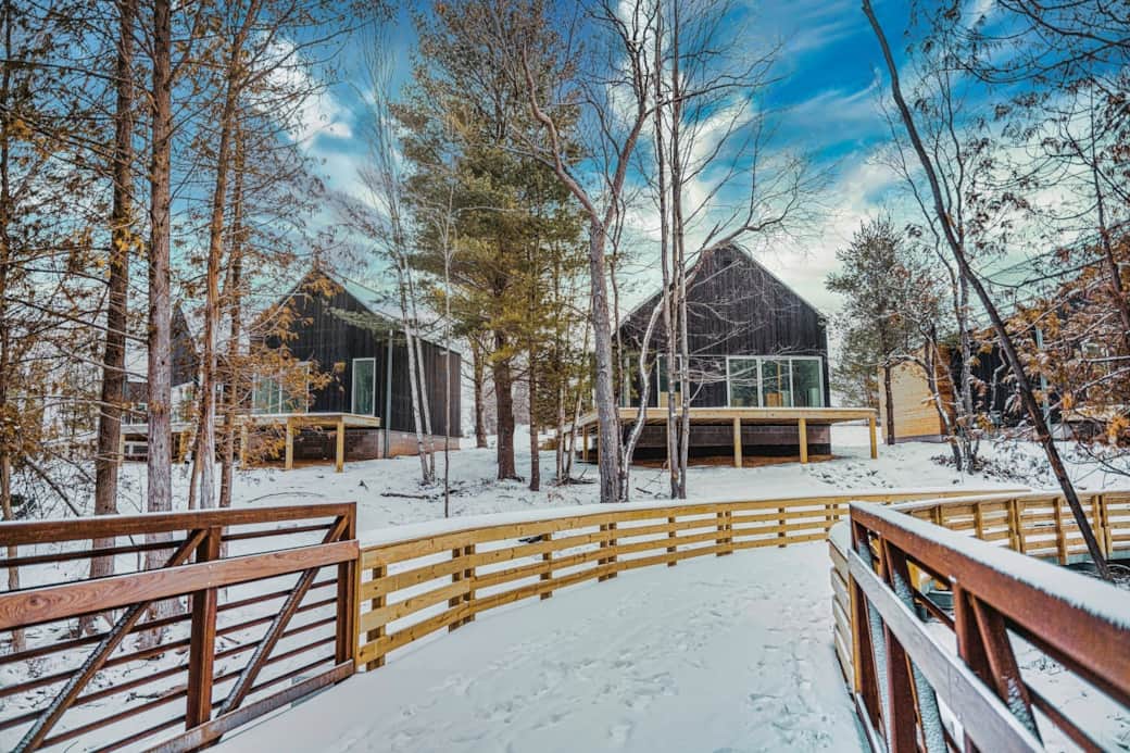 Cabin 11 with snow and TART Trail crossing the Acme Creek