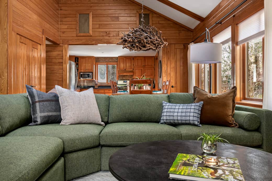 This view highlights the mountain laurel chandelier and Bose speaker system nestled in cutouts above