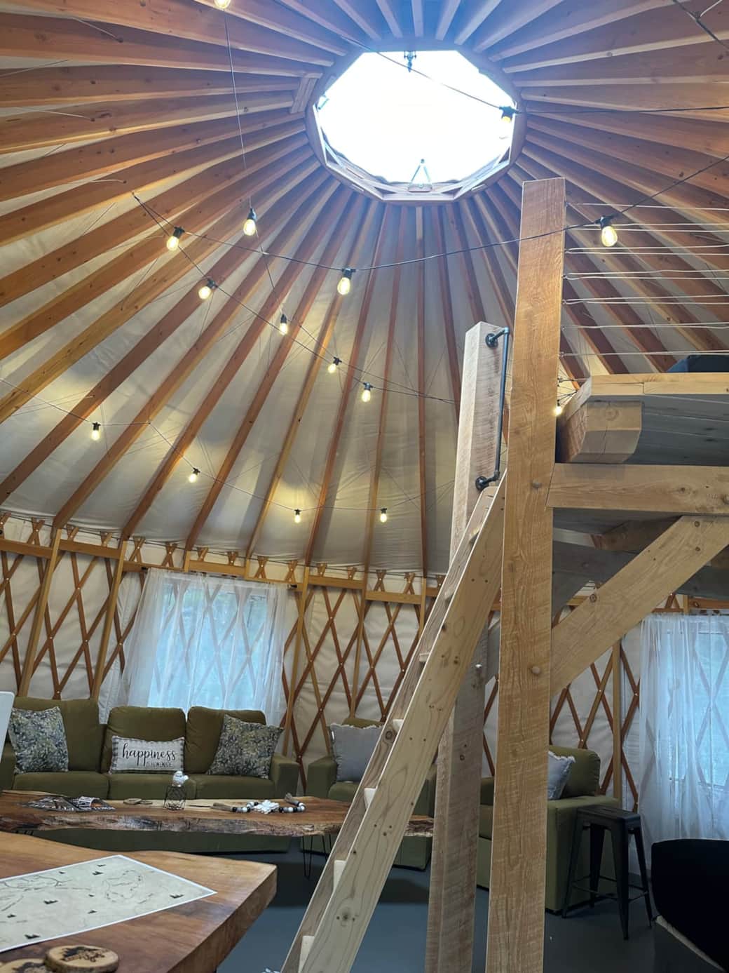 Twinkle lights and the dome add to the yurt magic