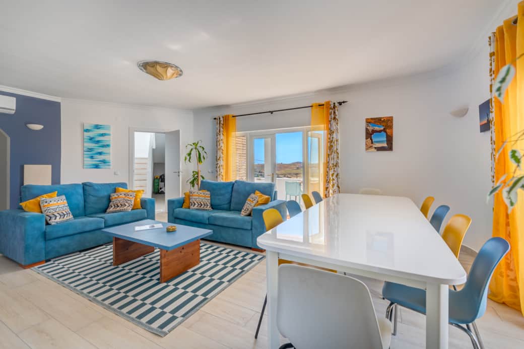 Downstairs living room with large dining area