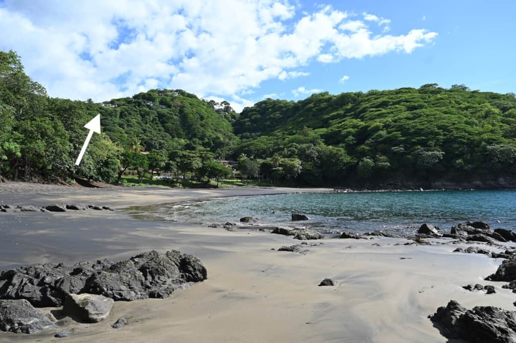 Villa Amor Azul is perched above the shoreline and the amazing (and quiet) black sand Playa Pez Vela.  There's a small resort here and a wonderful restaurant - Soluna Beach Bistro.  The drive takes a couple of minutes, the walk is 15.