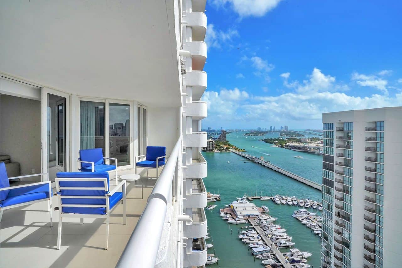 View from furnished balcony of downtown Miami and Biscayne Bay