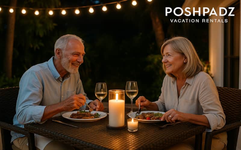 Couple enjoying dinner at a PoshPadz Jupiter vacation rental