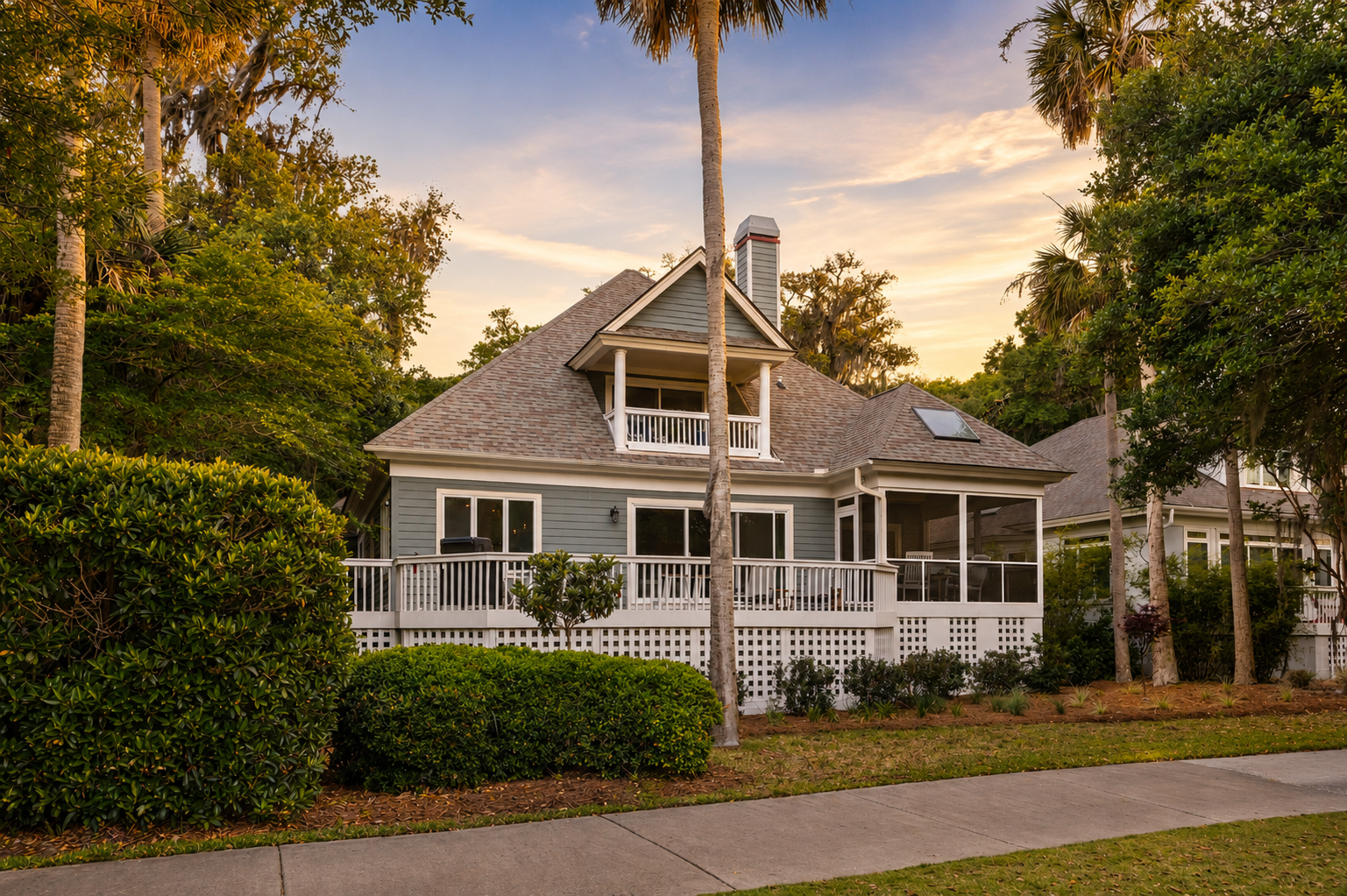 Enjoy the home’s inviting exterior framed by palms, mature trees, and a warm sunset sky.