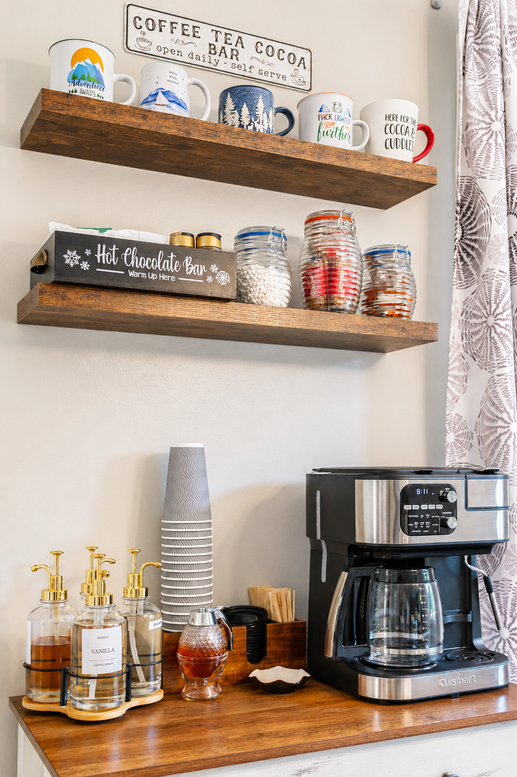 Cozy coffee and cocoa bar with syrups, hot chocolate, tea, and all the extras.