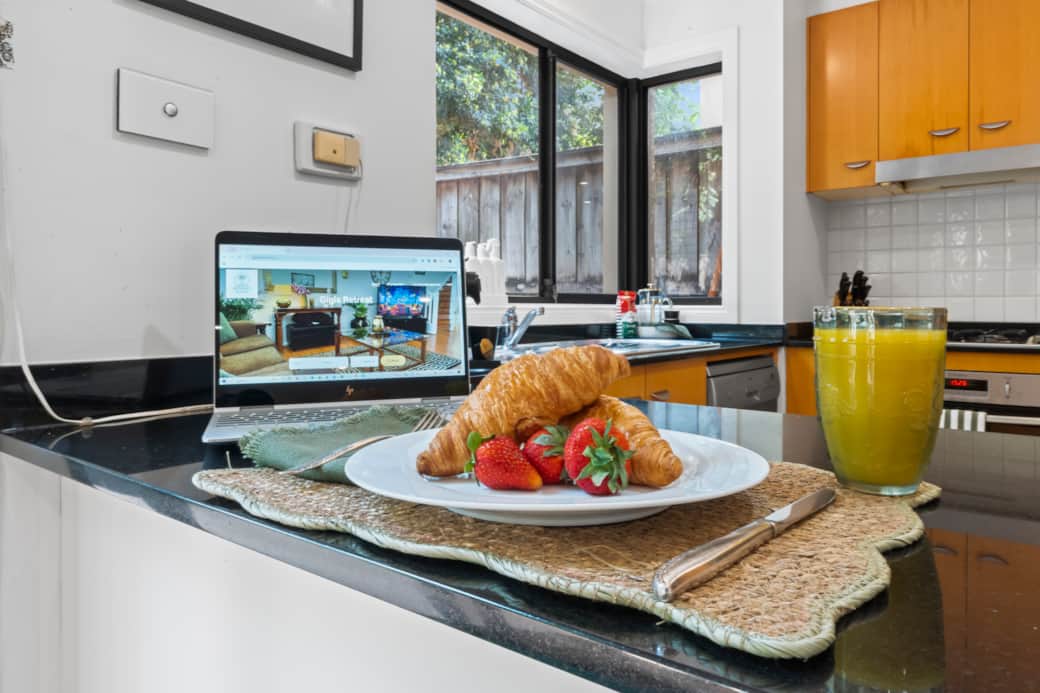 Kitchen bench a great place to have breakfast and catchup on work. Kitchen bench a great place to have breakfast and catchup on work.