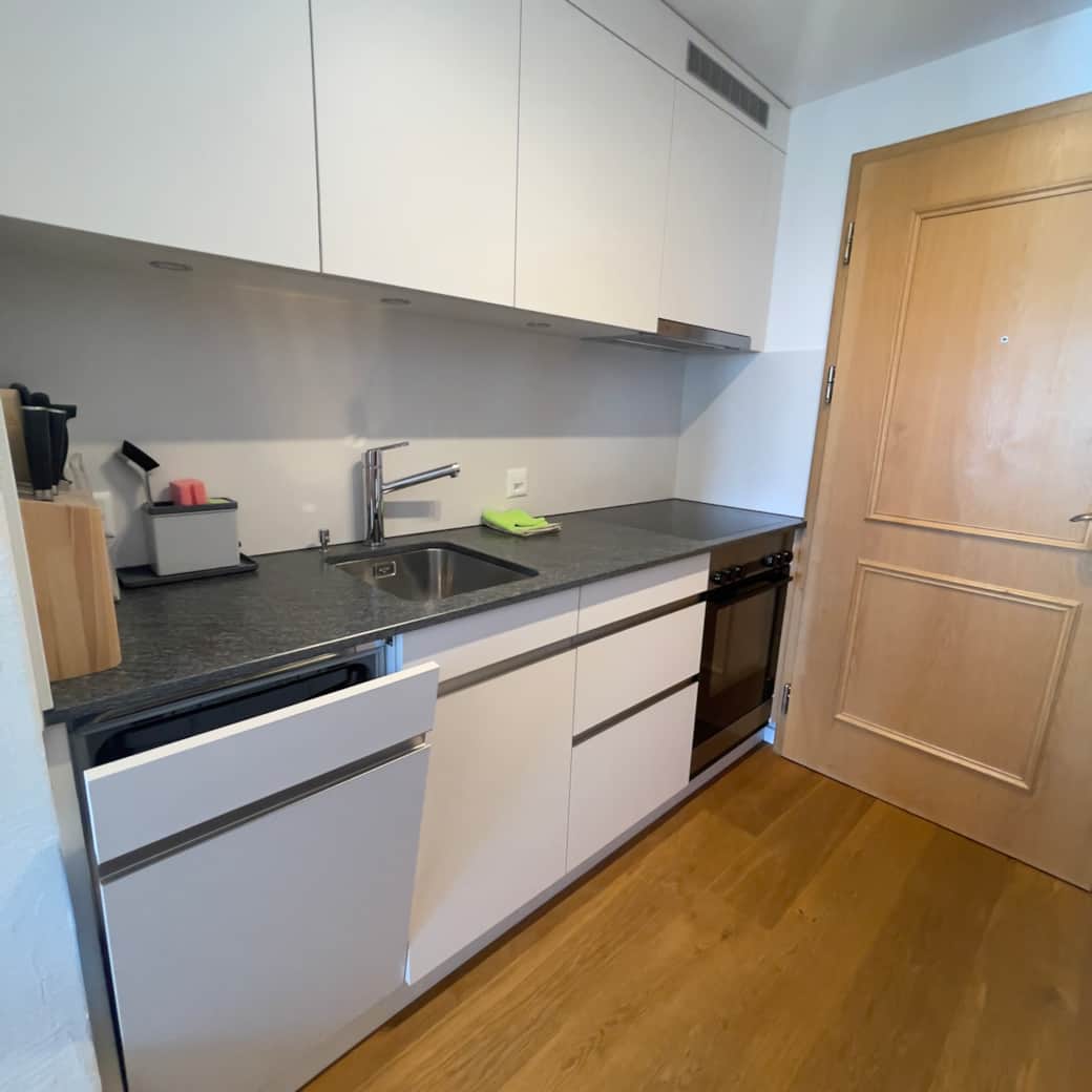 Küche mit Geschirrspüler, Backofen und Kühlschrank