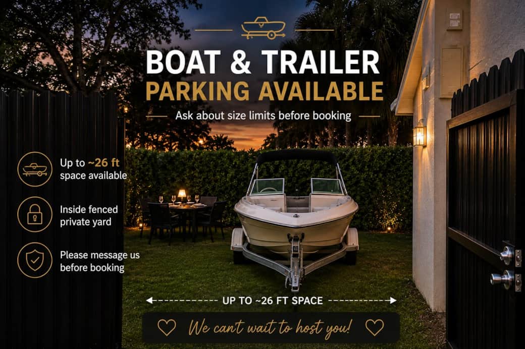 Boat & trailer parking inside our fenced yard — minutes from the marina. Message us your boat's length before booking to confirm it fits Boat & trailer parking inside our fenced yard — minutes from the marina. Message us your boat's length before booking to confirm it fits