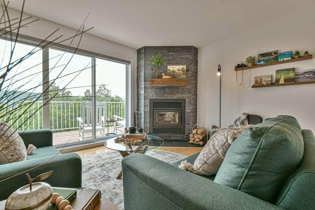 Salon avec foyer au bois