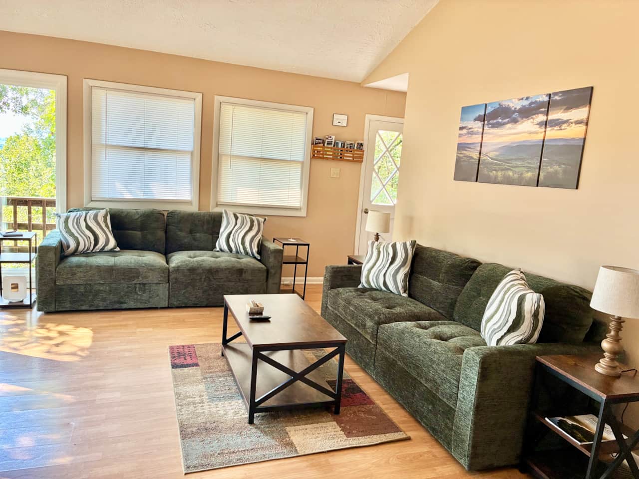 Bright, spacious living room with plenty of seating 