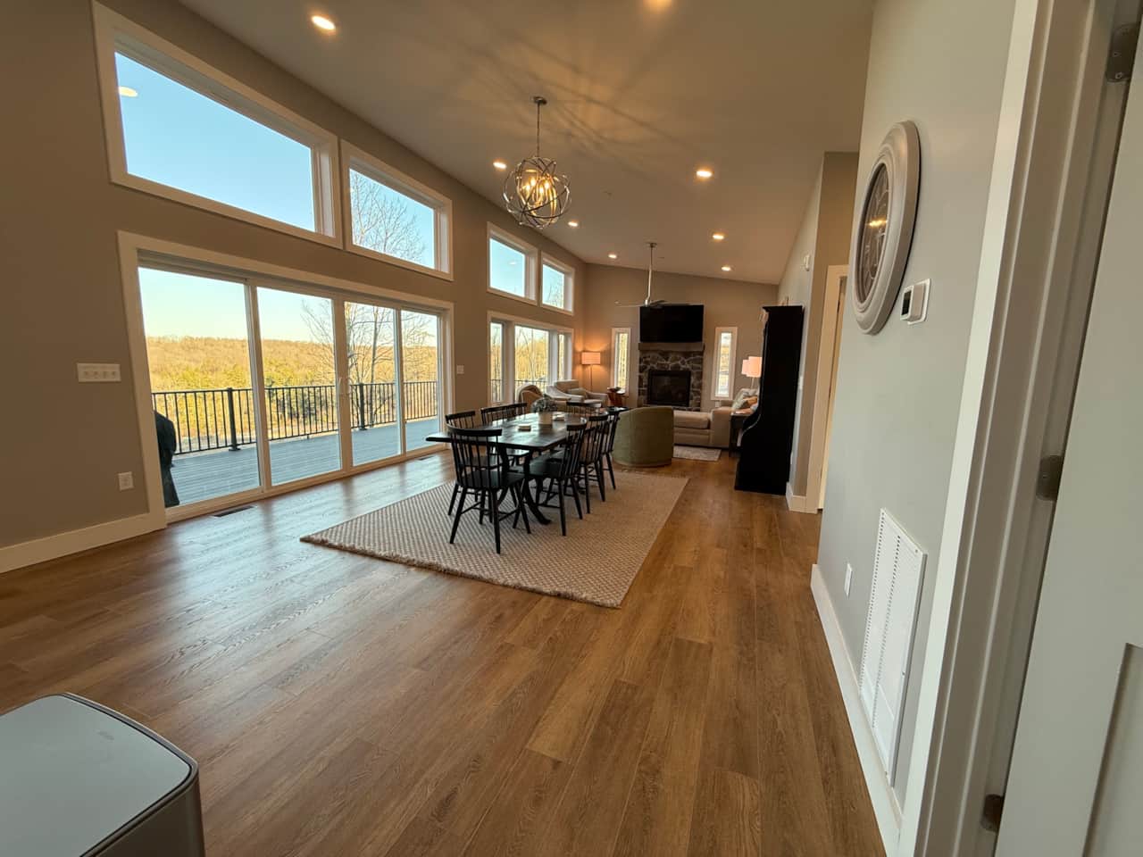 Looking at large dining room and living room from the kitchen
