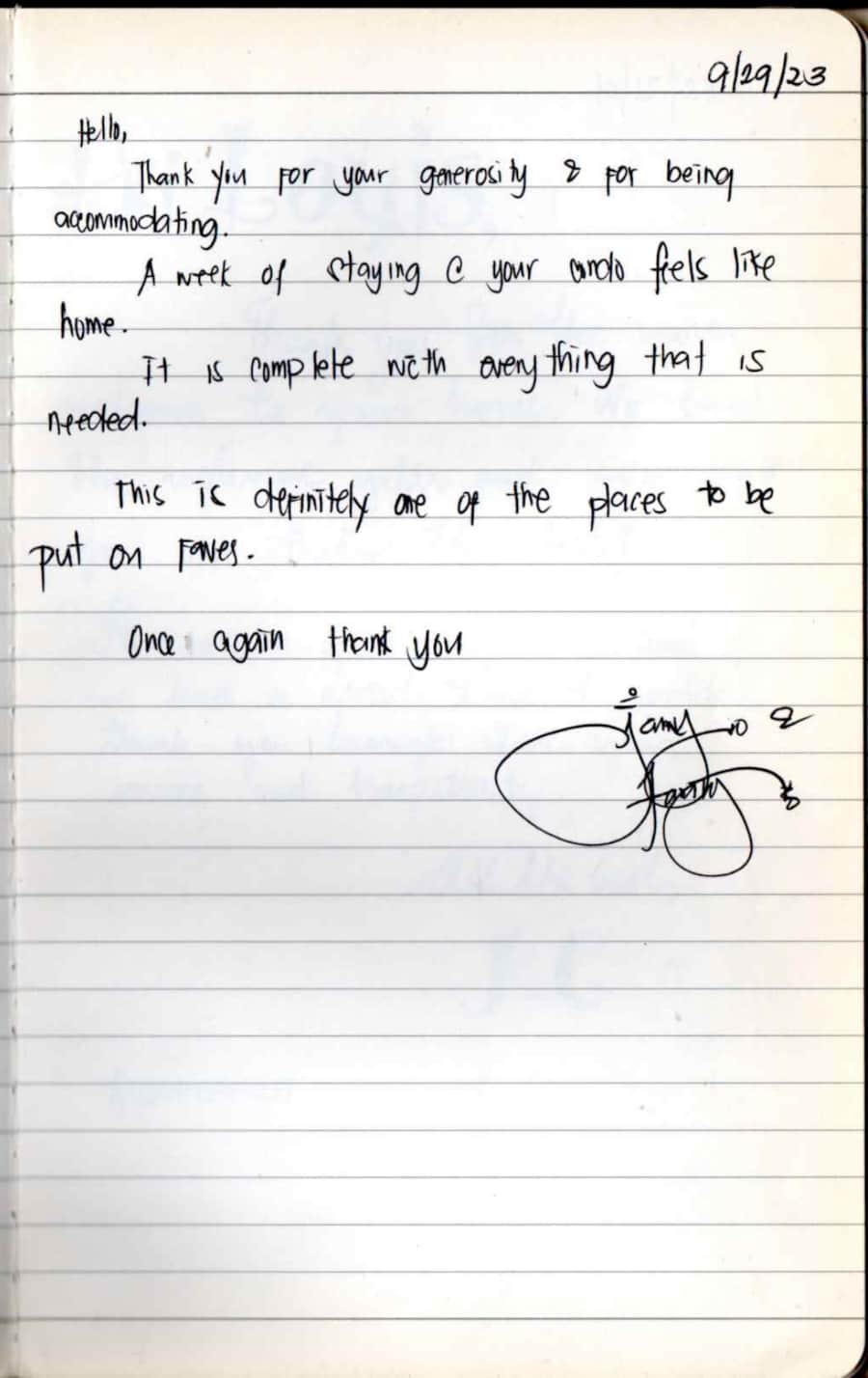 Handwritten guest note from Raya P09 guest book