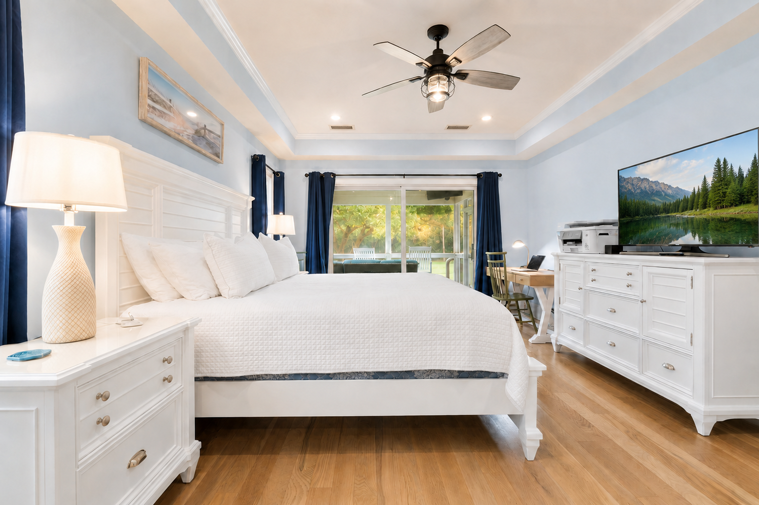 Work at the desk by day and stream a movie from the bed at night.