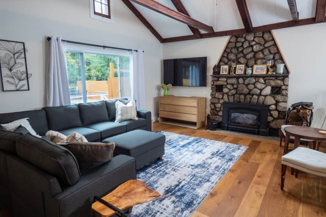 Large stone fireplace in the living room for those cold winter nights.