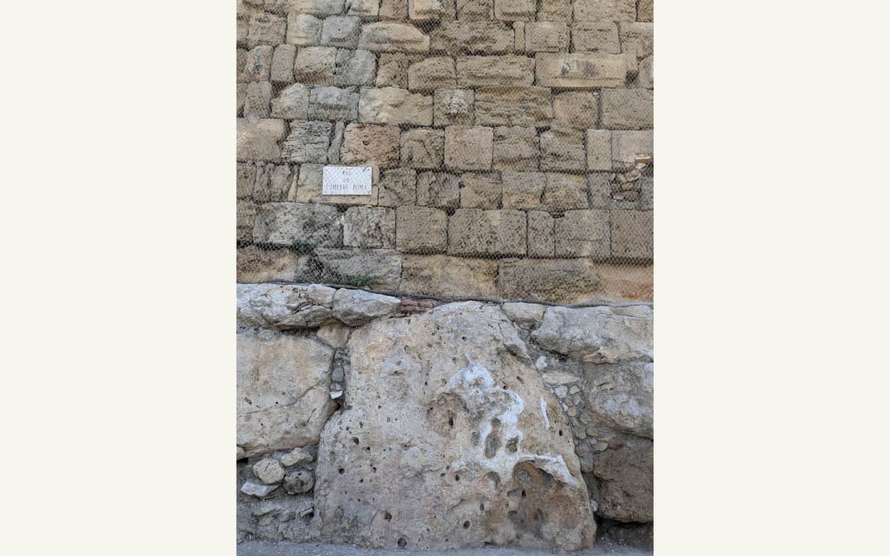 Ancient Roman masonry beside Portal del Roser in Tarragona's city wall