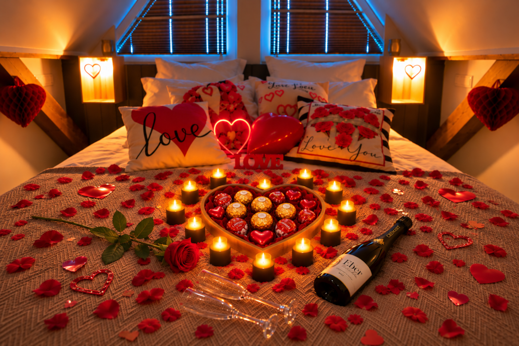 Décoration romantique avec pétales de rose, chocolats et crémant dans un gîte du Domaine EnergyZen.