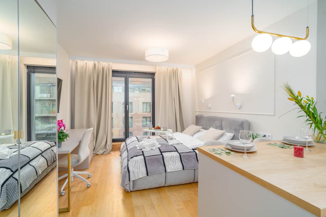 A bright studio with elegant décor and a large double bed.
