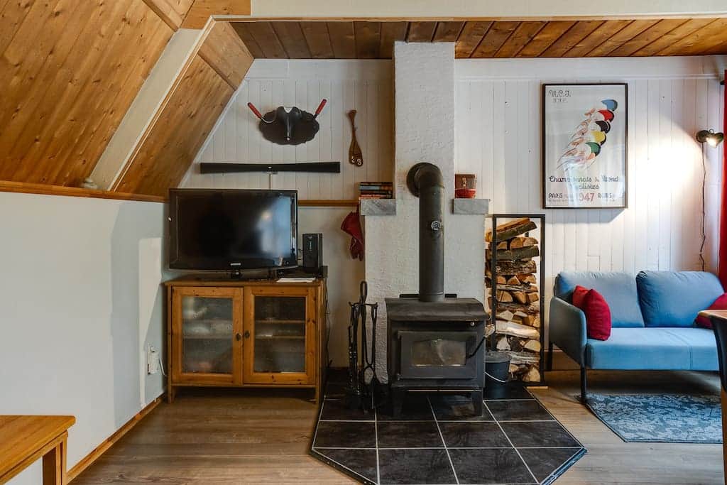 Living room with wood fireplace 