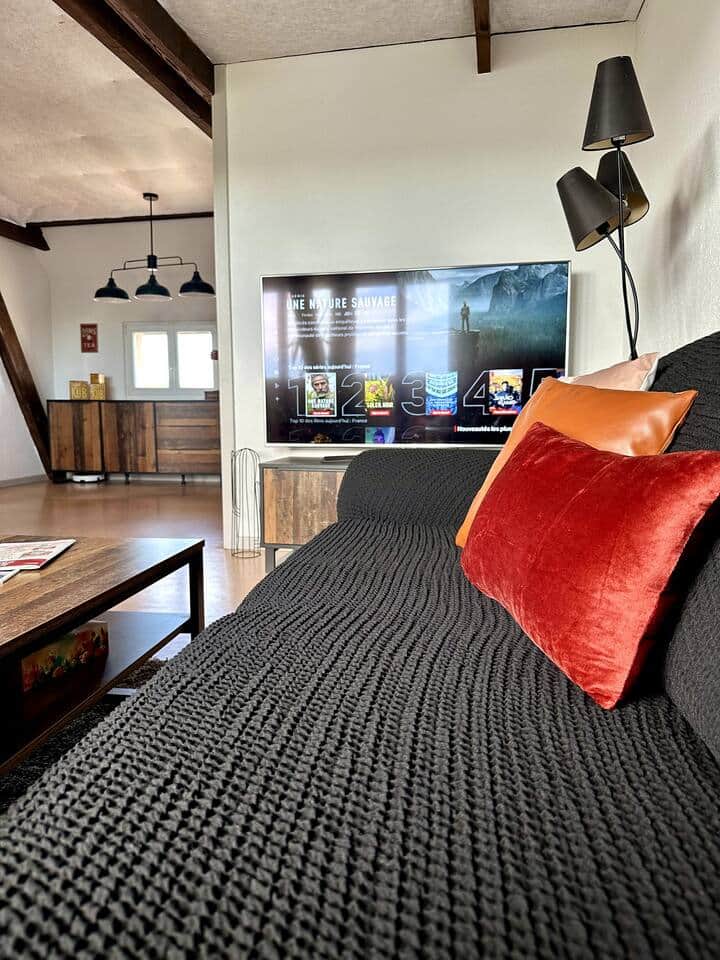 Living room with large TV, Netflix, DVD player, board games