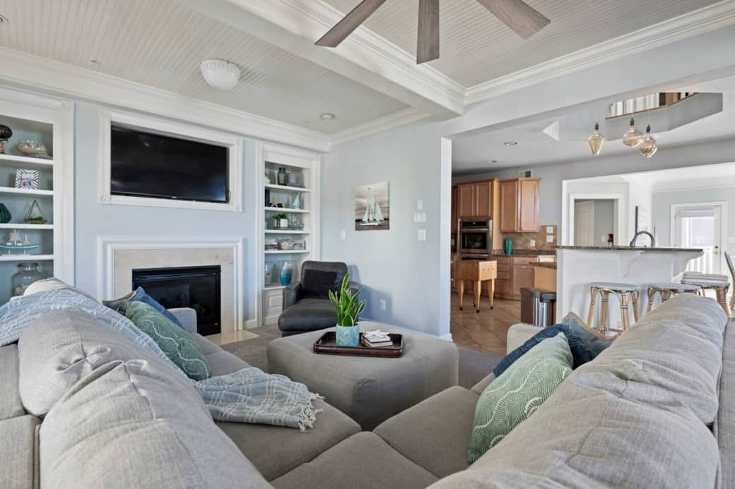 Cozy living room, fireplace view.