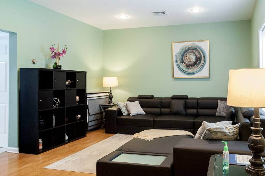 Modern-style living room with comfy rollaway bed available