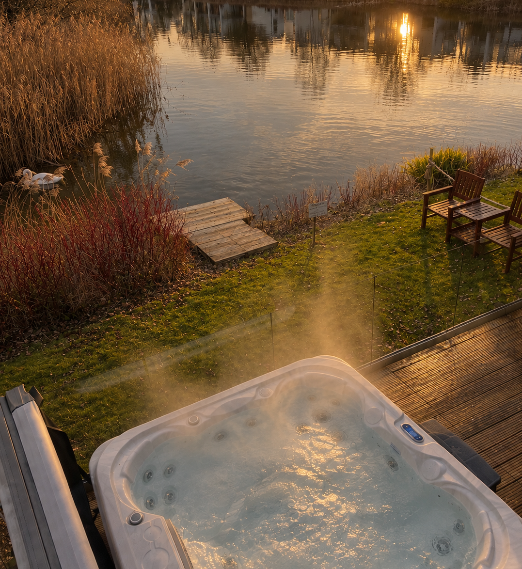 The private hot tub is on the enclosed decking, with frameless glass balustrade