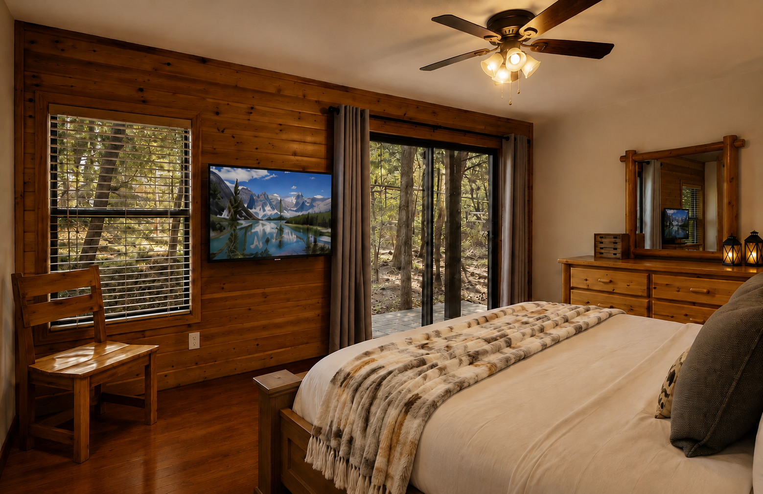 Bedroom with forest views at quiet Munds Park cabin