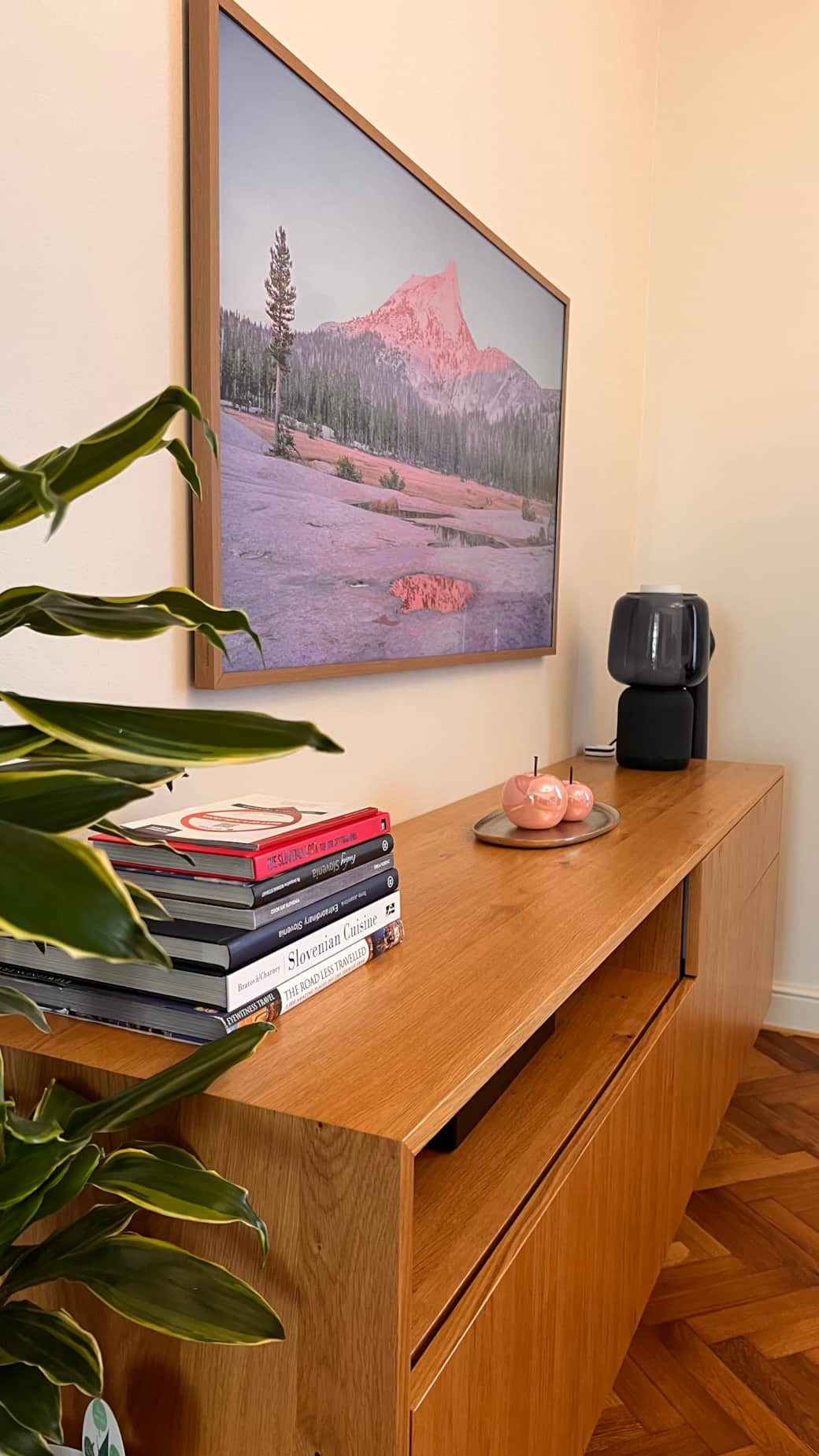 Selezione di libri, TV e lampada sul fiume
