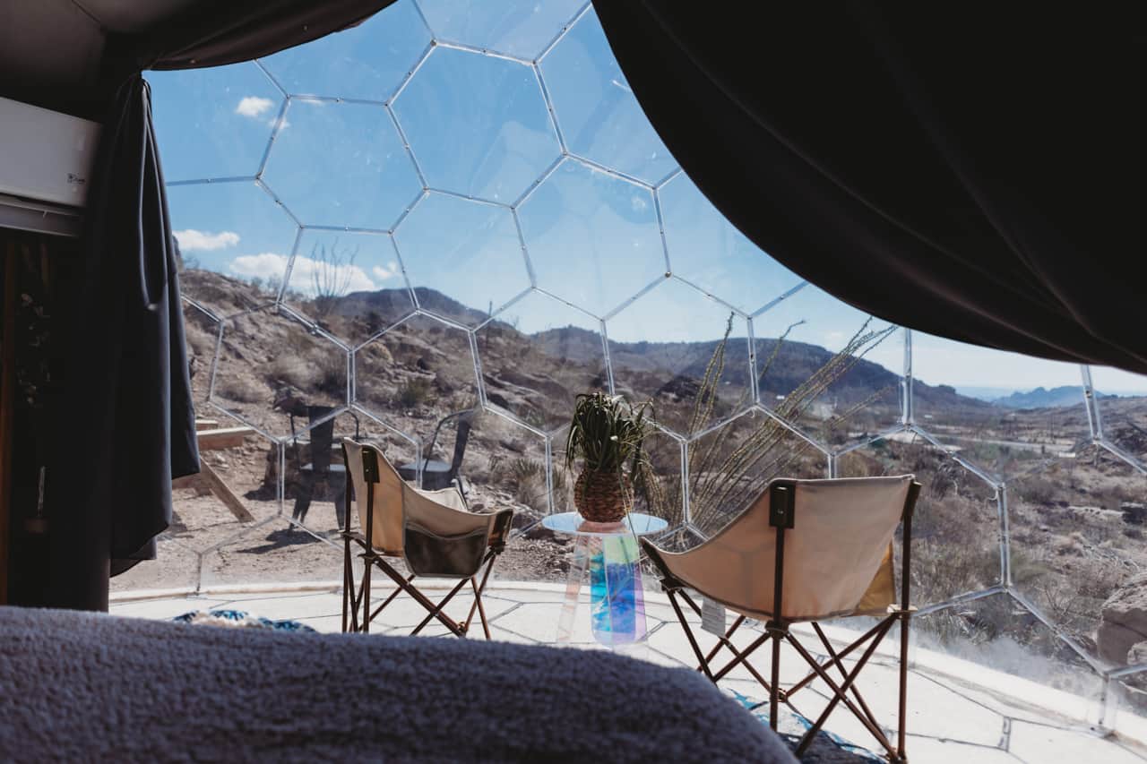 Patio and mountain views at Space Pod 002