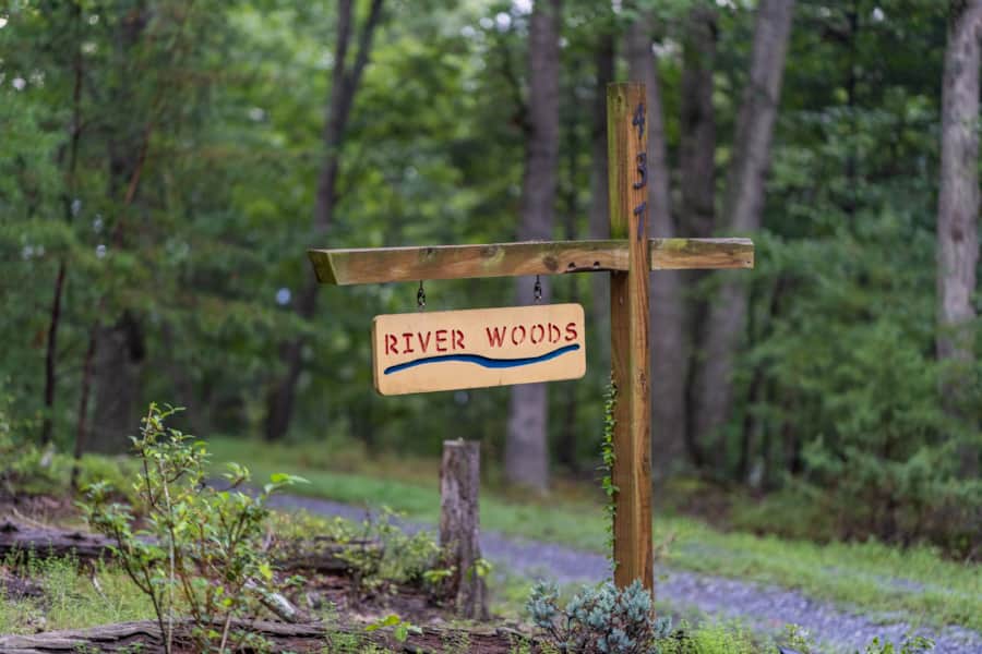 River Woods entrance sign