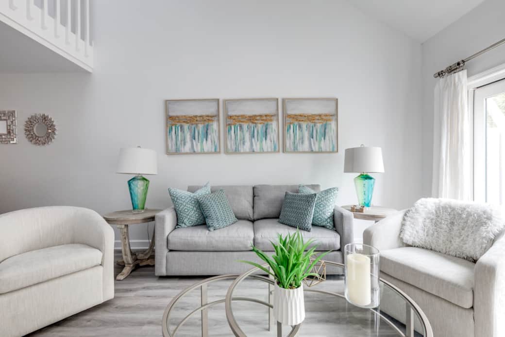 Spacious living room overlooking the back patio with a Smart TV. Spacious living room overlooking the back patio with a Smart TV.