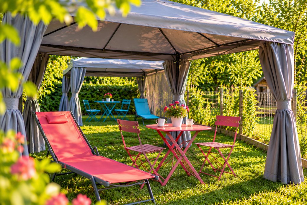 Tonnelles privatives aménagées dans le jardin du Domaine EnergyZen en Alsace, avec transat rose, table et chaises pour profiter de l'extérieur.
