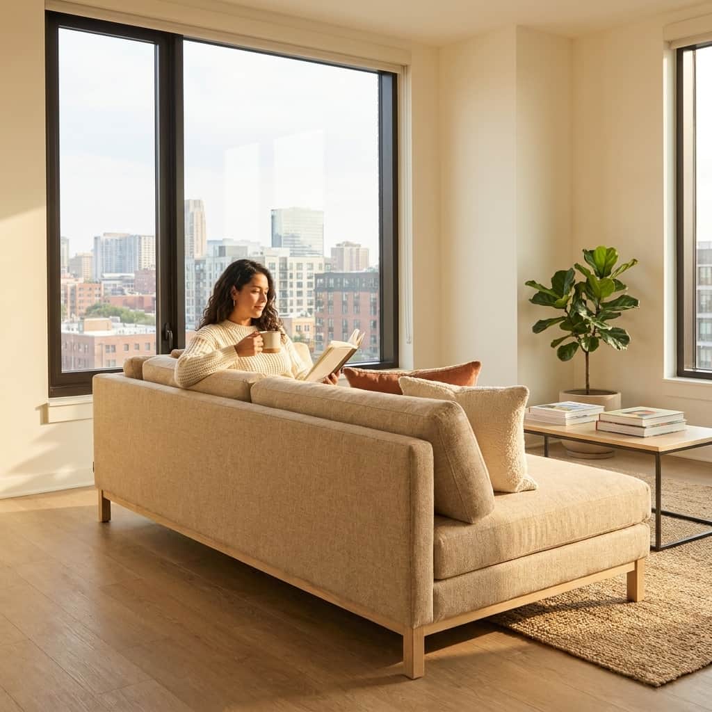 Stylish furnished living room with large windows and city views. Stylish furnished living room with large windows and city views.