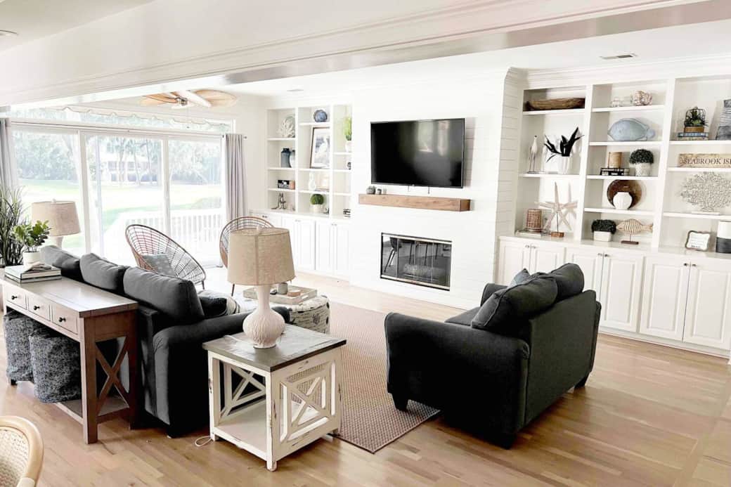 Beautifully decorated coastal home with views of golf course from living room