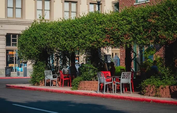 Mod Coffeehouse on Postoffice Street in Galveston Texas lit up at night