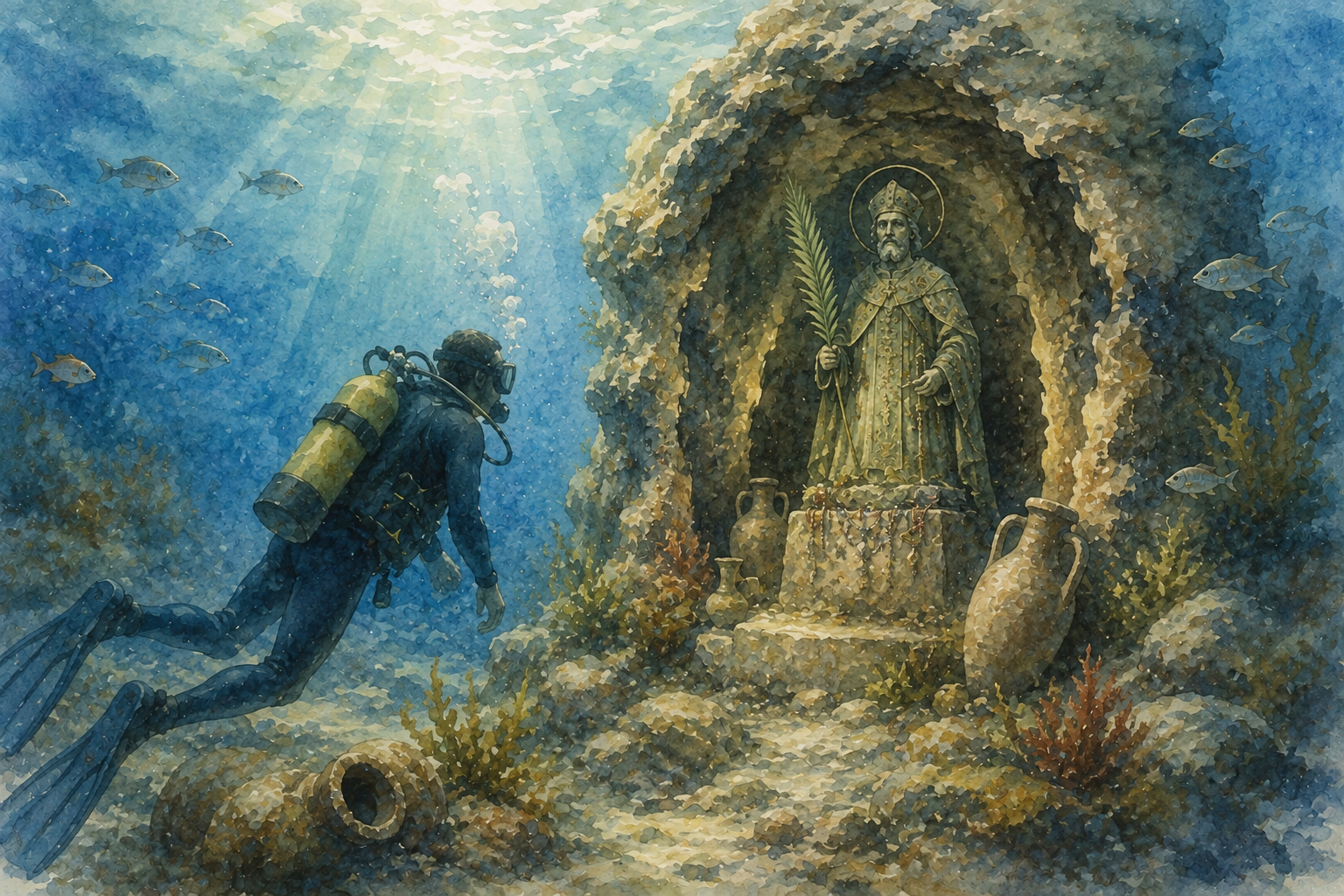 Diver visiting the underwater image of Sant Magí near Tarragona