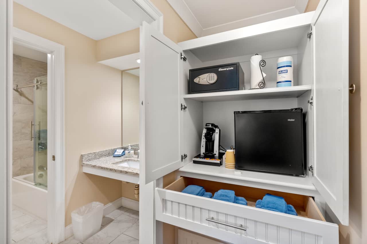 Charming built ins with provided coffee, and mini fridge!