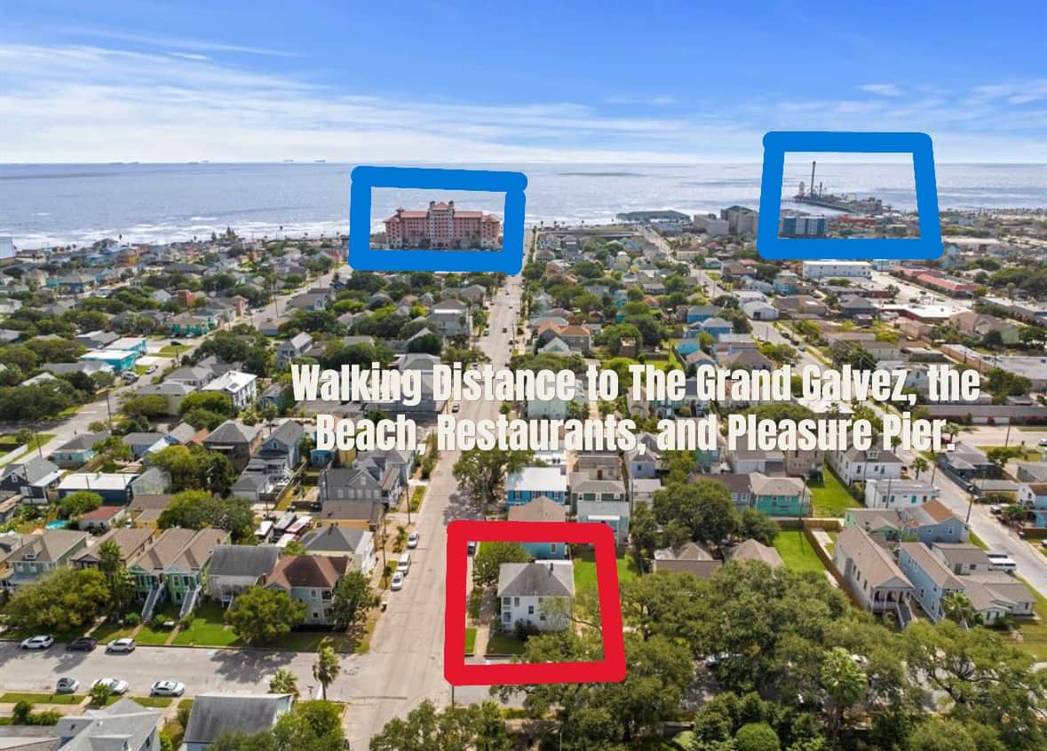 Map showing White Magnolia Galveston near Pleasure Pier and the Seawall